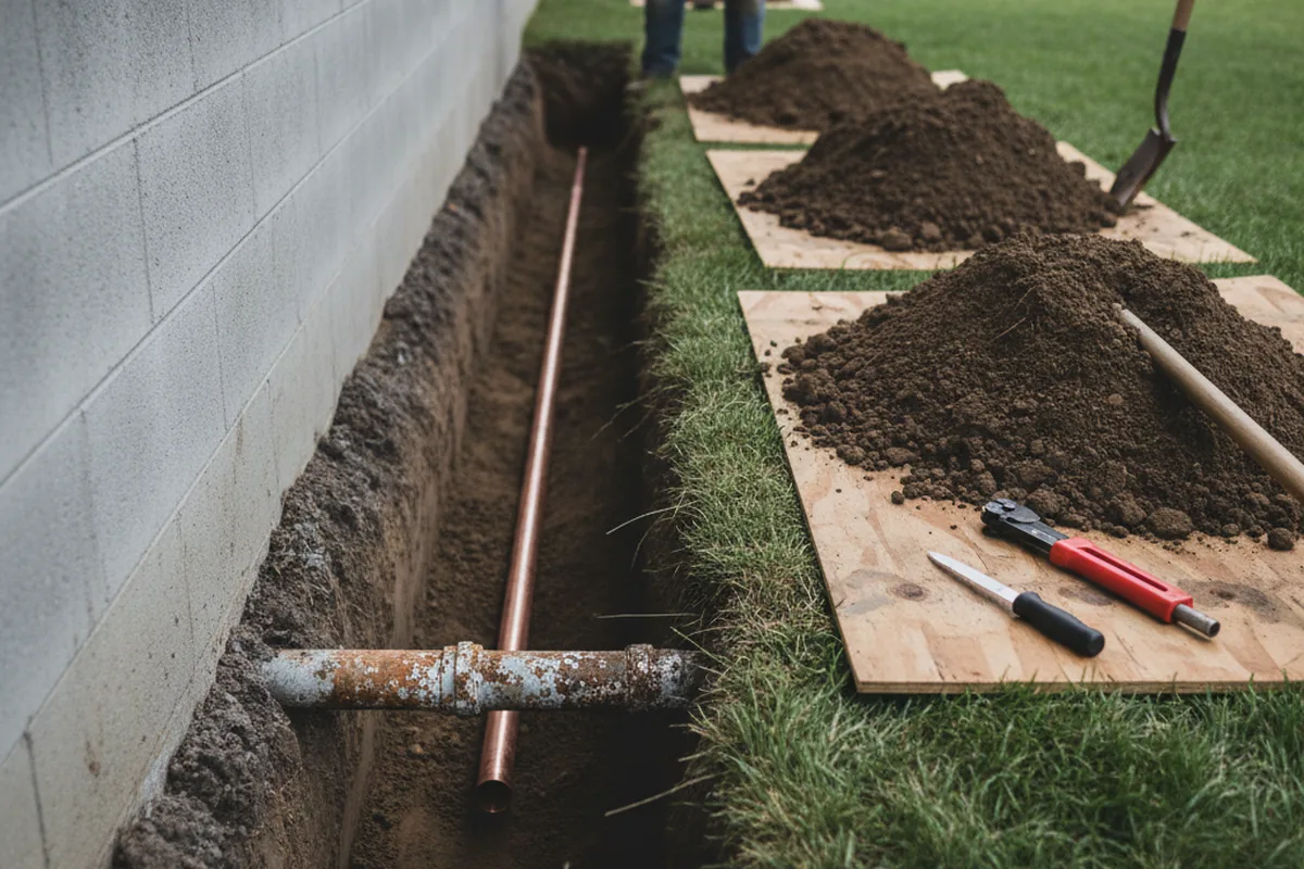 Excavated water line trench during Water Softener Installation in Center